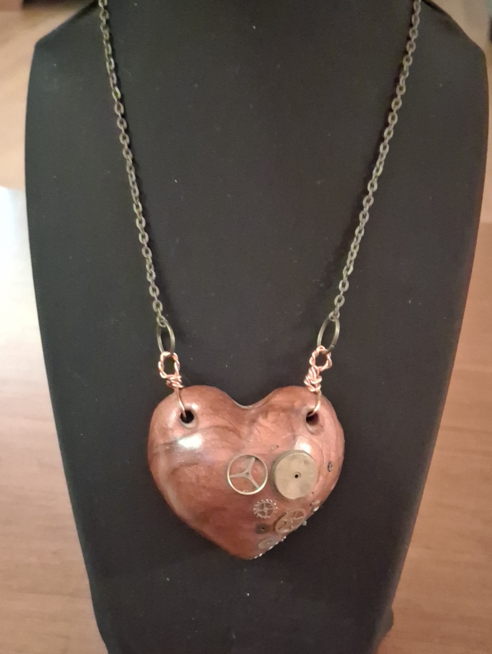 Handcrafted Brown Heart Pendant Necklace Steampunk Accents 2" Pendant 32" Chain
